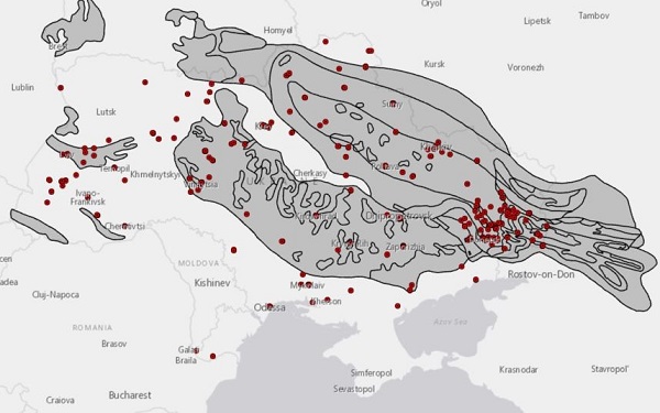 Fig. 2. Map of POW camp locations in Ukraine and coal basins, 1942–54. 